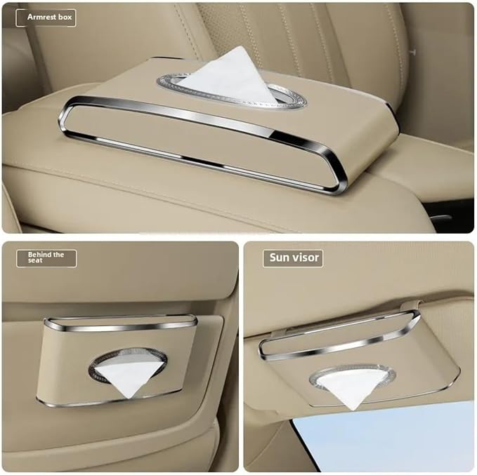 Leather car Tissue Holder for car Interior, Multi-Function car Visor Tissue Holder, Armrest & Back Seat Tissue Box for car, car Kleenex Holder (Beige Flat)