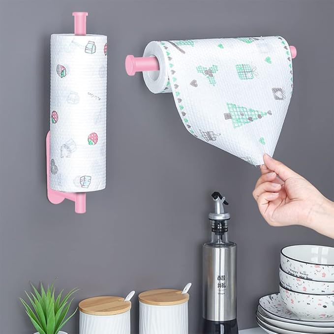 MGahyi Paper Towel Holder Wall Mount, Self Adhesive Or Drilling Paper Towel Holder Under Cabinet, 13.2 inch Stainless Steel Kitchen Paper Towel Roll Rack, Bathroom Towel Roll Hanger(Rectangle-Pink)