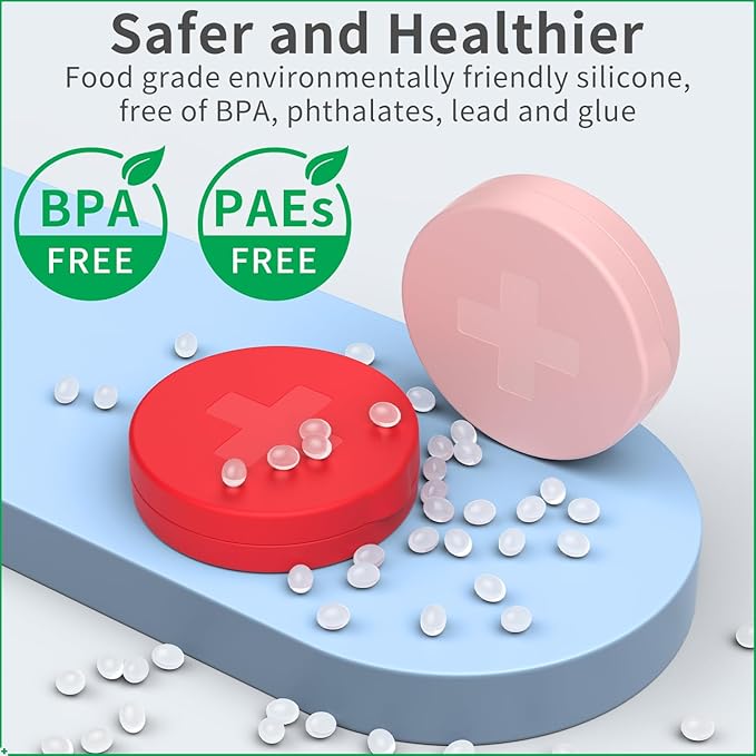 2 Pack Small Pill Box,3 Compartment Round Silicone Travel Pill Box for Purse Pocket, Waterproof Portable Compact Medicine Holder for Vitamin, Cod Liver Oil, Supplement (Red+Pink)