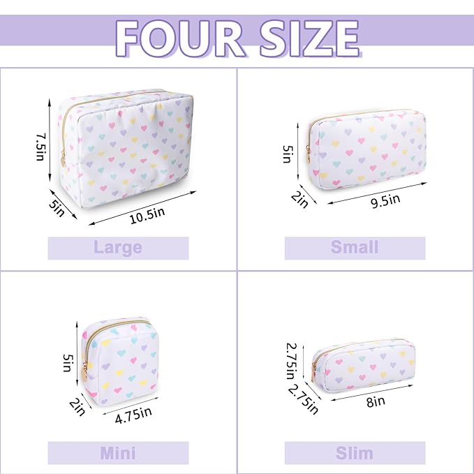 Small Makeup Bag Pouch for Purse，Nylon Travel Toiletry Storage Bag Cute Makeup Organizer Bag for Women Girls，Preppy Waterproof Cosmetic Bag Pouch Skincare Bag Purse with Zipper (Small-White Heart)