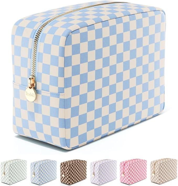 Embla Makeup Bag Travel Cosmetics Pouch and Toiletry Bag, Nylon Zipper Pouch Purse, Cute Make Up Organizer Storage Tote for Women Girls,Travel Skincare Case, Large Makeup Case, Sky Checkered