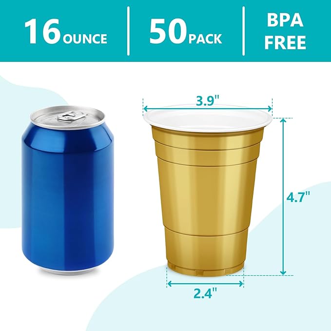 LANLISA 100 Gold Plastic Cups, 16 oz Disposable Cups, Drinking Cups For Thanksgiving, Harvest, Fall, New Year, Graduation Party Supplies