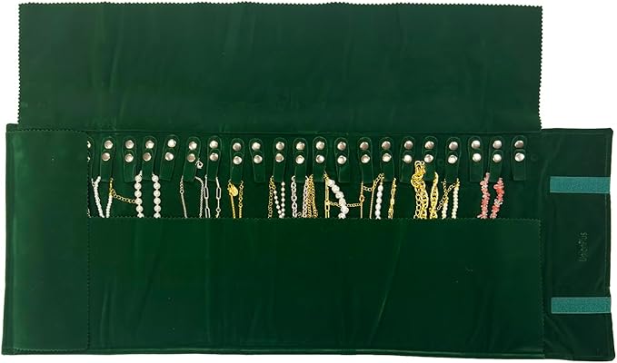 UnionPlus Velvet Travel Jewelry Roll Bag Organizer for Necklace, Elastic Band and Anti-winding, Large, Blackish Green