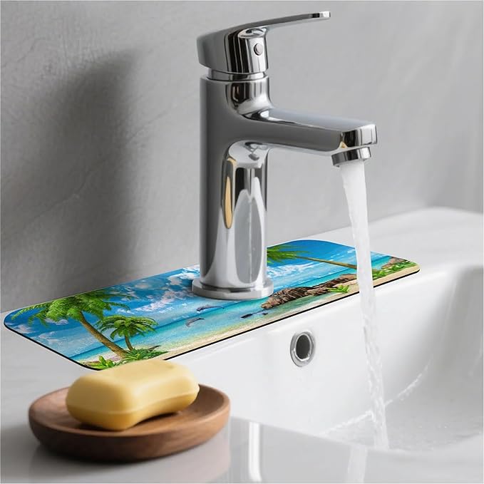 Kitchen Sink Splash Guard, Summer Coconut Beach Dolphins Faucet Mat Sink Gadgets - Super Absorbent Fast Drying Mat Drip Catcher for Kitchen, Bathroom, Sink Mat, Dish Drying Mat, Bathroom (15" X 5.5")