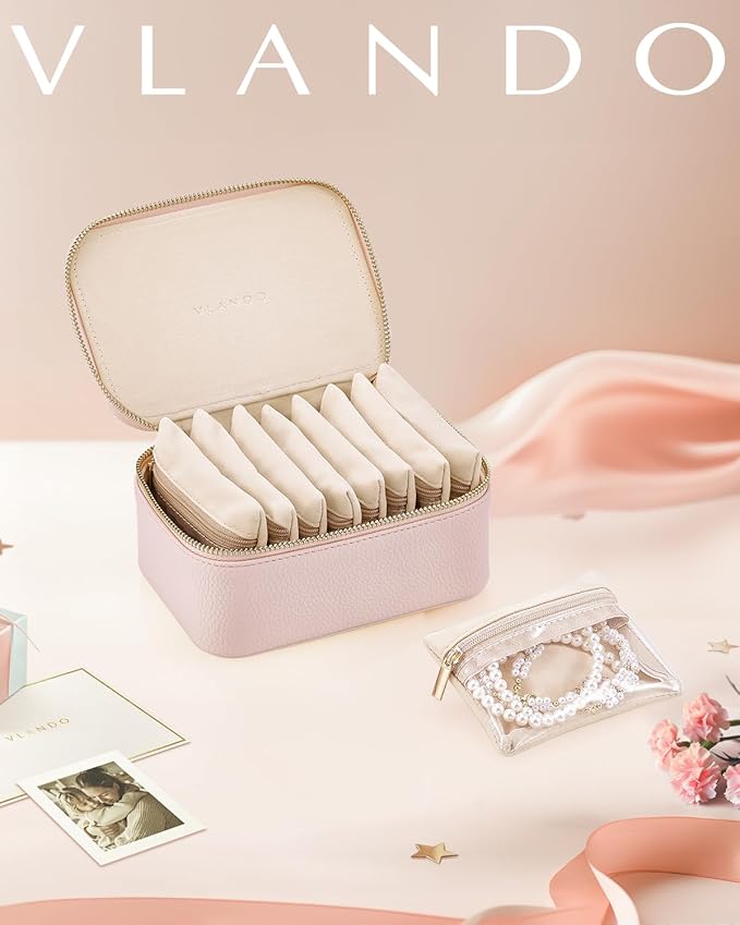 Vlando Jewelry Travel Case,Travel Jewelry Organizer with Clear Velvet Jewelry Bags 8Pcs Zipper Pouch for Women Girl Gift-Pink