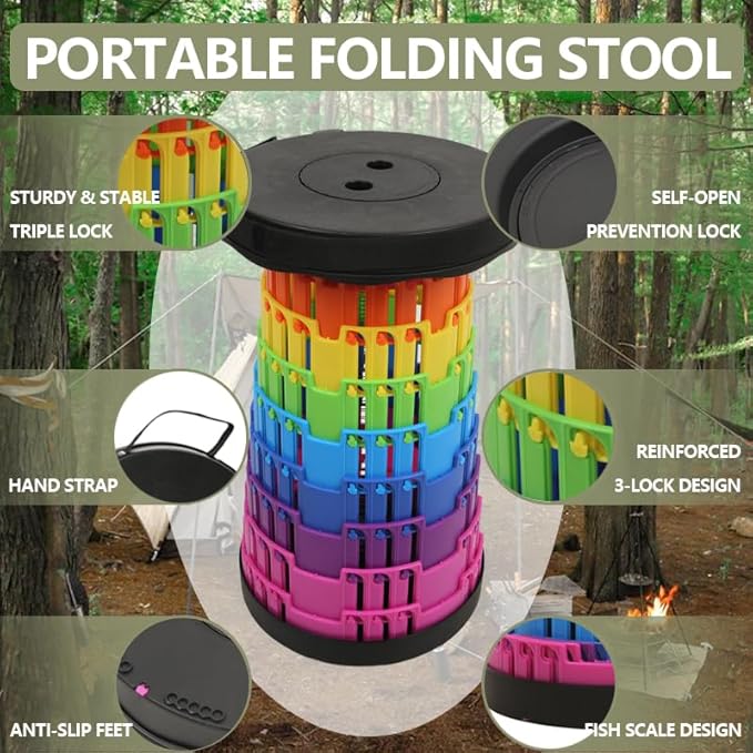2025 Collapsible Stool Chair, Upgraded Folding Stool for Adults Lightweight, Sturdy, Adjustable, Portable, Foldable Seat Sturdy Stools for Outdoor Camping Fishing Hiking Gardening BBQ - Max 660lbs