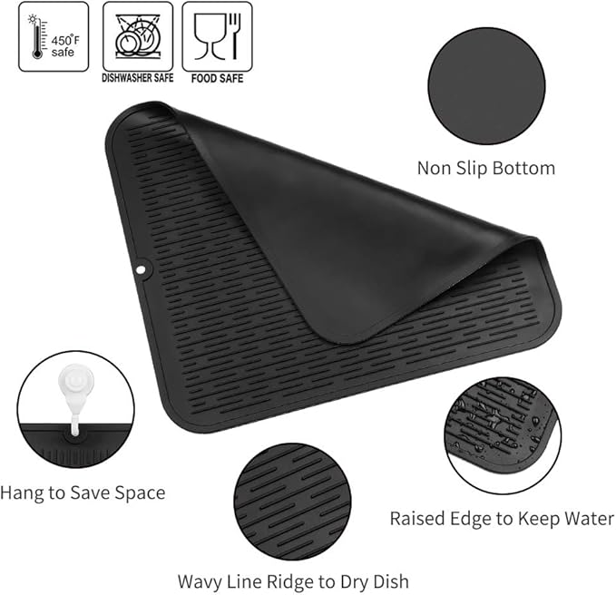 MicoYang Silicone Dish Drying Mat for Multiple Usage,Easy clean,Eco-friendly,Heat-resistant Silicone Mat for Kitchen Counter or Sink,Refrigerator or Drawer Liner Black 2XL 24 inches x 18 inches