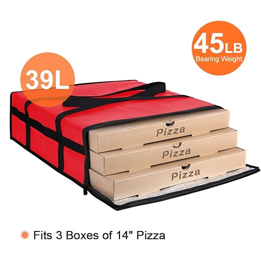 Insulated Pizza Delivery Bag for Carry Hot, 20" x 20" x 6" Carrier Warmer, Insulated Food Delivery Bag, Insulated Grocery Cooler Bags for Catering/Drivers, Commercial Food Warmers（Red, 1Pk）