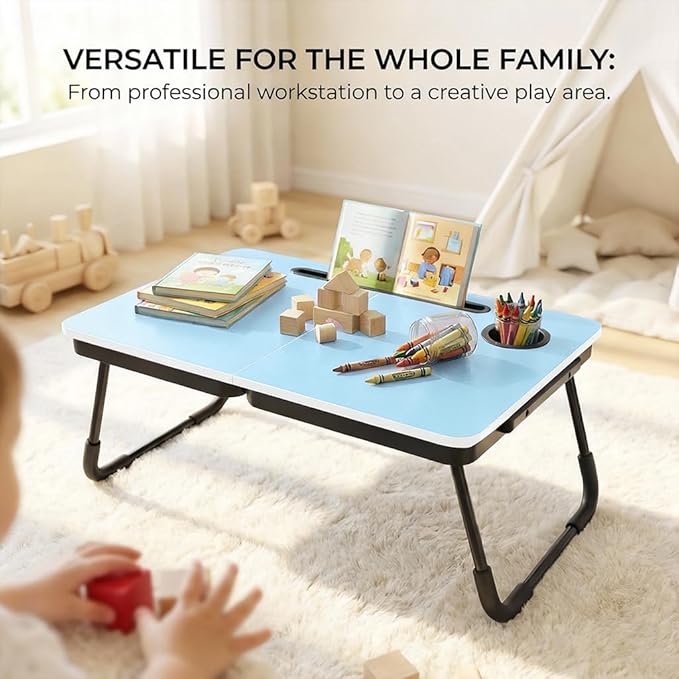 BUYIFY Foldable Laptop Bed Desk for Couch, Sofa - Large Lap Desk Tray Table with Cup Holder and Tablet Slot - Portable Notebook Stand for Eating, Writing, Studying and WFH (Blue)