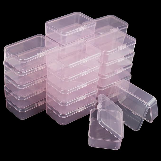 LJY 28 Pieces Rectangular Empty Mini Clear Plastic Organizer Storage Box Containers with Hinged Lids (3.3 x 2.2 x 1 inch, Pink)