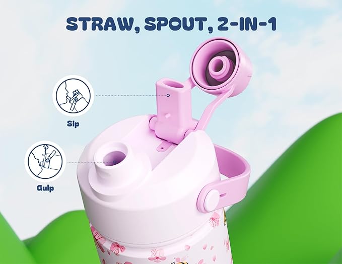 12 oz Kids Stainless Steel Water Bottle: 2-in-1 Straw Spout Lid, Leakproof, BPA-Free, Easy Clean, Keep Cold 24H, Cute Patterns, Stainless Steel Cup for School, Travel, Playtime, Gift (Bee in Bloom)