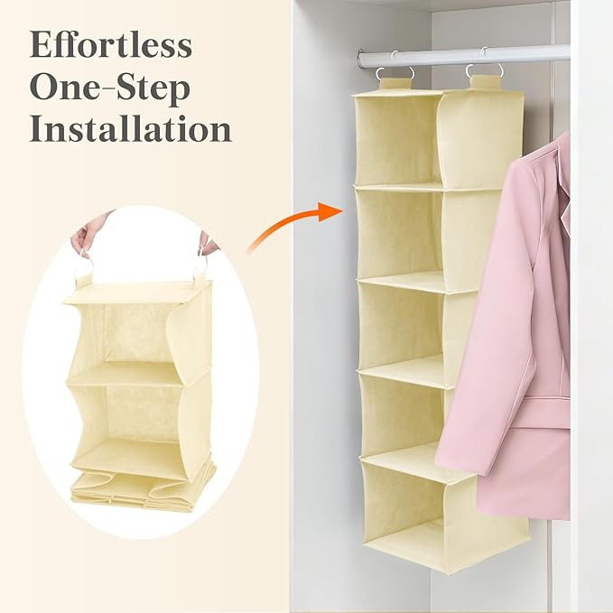 Lifewit 5 Tier Hanging Closet Organizer and Storage for Shelves, Foldable Clothes Storage Shelf with 2 Sturdy Hooks for Clothing Organization, Dorm Room Essentials for Guys, Beige
