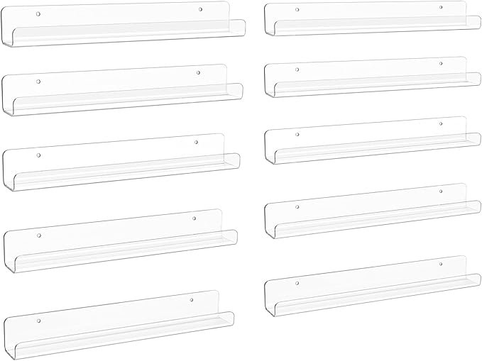upsimples 10 Pack Clear Acrylic Shelves, 1.7" x12" Clear Wall Shelves for Nail Polish, Vinyl Wall Mount, Record Holder, Magazine Rack, Comic Display, Picture Ledge Shelf Décor