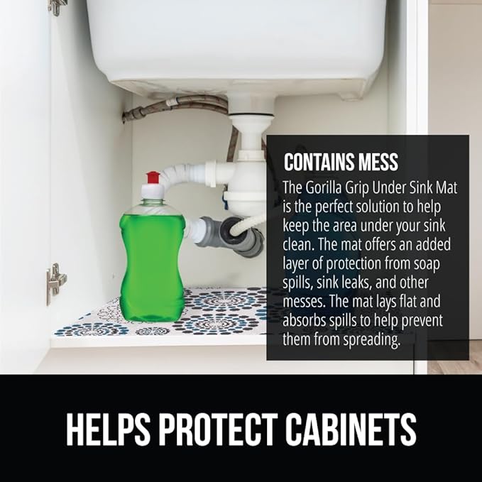 GORILLA GRIP LeakGuard Non-Adhesive Under Sink Mat for Kitchen Cabinet, 24x50, Waterproof Quick Dry Shelf Liner, Durable Absorbent Felt Mats for Bathroom Sink, Cabinets, Dresser, Spiral Gray Turquoise