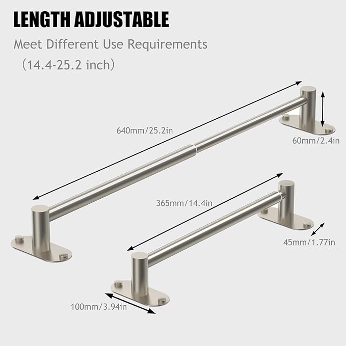MIROAMZ Towel Bar, Adjustable 14.4inch - 25.2inch Towel Rack, Self Adhesive Wall Mounted for Bathroom Kitchen Hand Towel Holder Cloths Hanger 304 Stainless Steel Organizer Single Bar (Brushed Nickel)