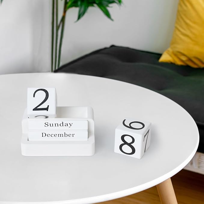 Wooden Block Calendar for Desk, Daily Desktop Perpetual Desk Calendar, Modern Farmhouse Aesthetic Desk Accessories for Home Office Decor, Teacher, Classroom, Reusable Yearly, White