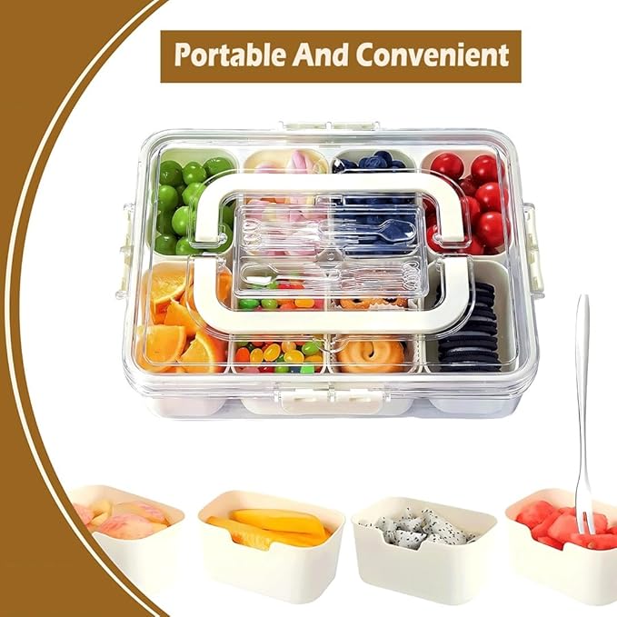 Divided Snackle Box Container-8 Compartment Snack Tray with Lid & Handle,BPA Free Stackable Snack Organizer for Fruits,Veggies,Candy,Reusable Airtight Food Storage for Fridge, Travel, Picnic, Party