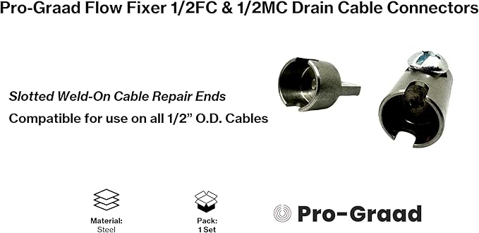 Flow Fixer 1/2” Slotted Drain Cleaner Cable Weld On Repair End, 1/2FC & 1/2MC MALE and FEMALE WELD-ON CABLE END REPAIR for 1/2" Cables. Fits All 1/2" O.D Cables, Hollow or Inner Core