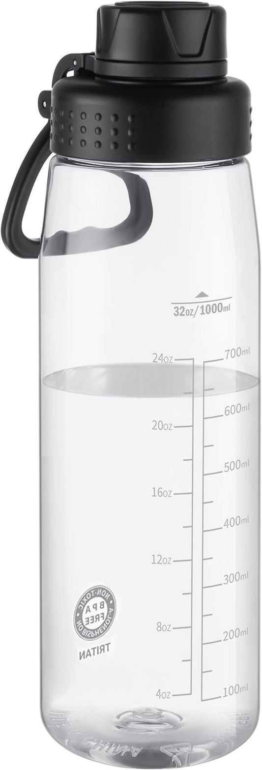 Water Bottle 32oz, clear water bottle with Spout Lid and Carry Handle, Reusable, Tritan, BPA Free, Hiking Water Bottle Suitable for Travel, Outdoors, Gym, Travel, Home, School (clear-black)