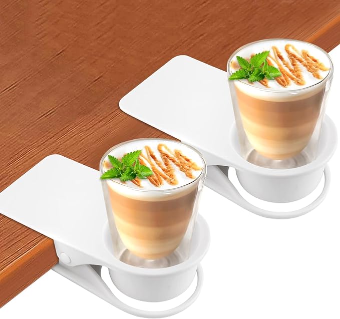 2PCS Drinking Cup Holder Clip, Kalolary Desk Bottle Cup Stand DIY Glass Clamp Storage Saucer Clip Water Coffee Mug Holder Saucer Clip Design for Home & Office, White
