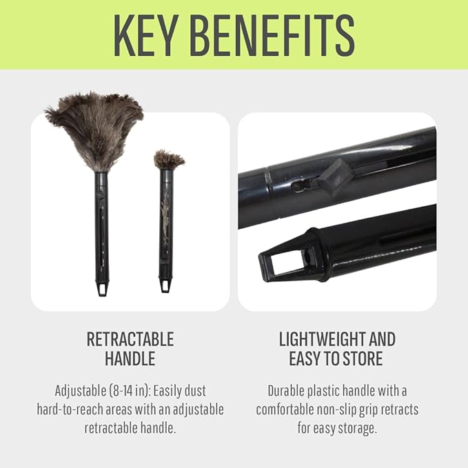 Retractable Feather Duster 8-14 in Adjustable - Natural Ostrich Feather Duster for Cleaning Ceiling Fans, Blinds, Plantation Shutters, Walls & Furniture - Quality Checked in USA - 2 Pack