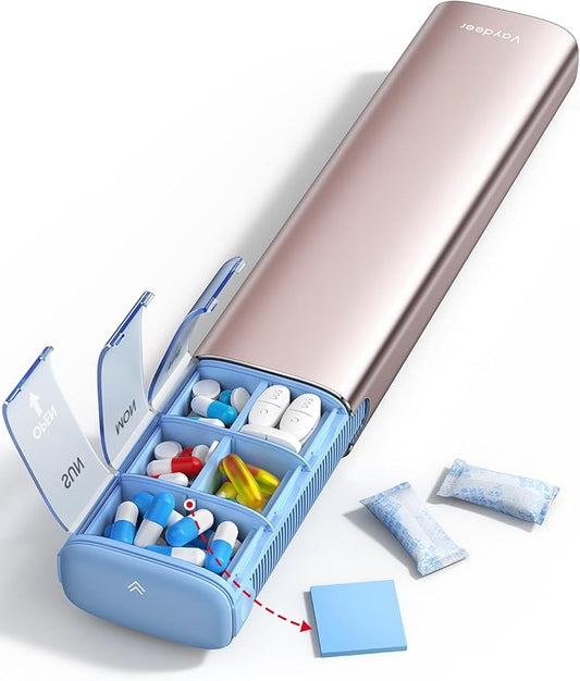 VAYDEER Metal Weekly Pill Organizer – Moisture-Proof Travel Pill Organizer with Built-in Desiccant Chamber and Airtight Lids – Large-Capacity Pill Box for Vitamins, Medicines & Supplements (Rose Gold)