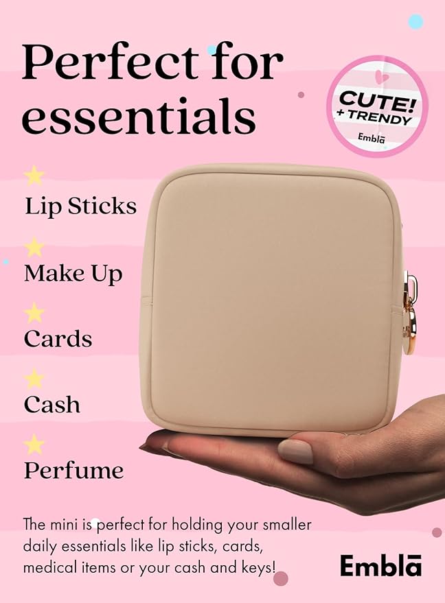 Embla Makeup Bag Travel Cosmetics Pouch and Toiletry Bag, Nylon Zipper Pouch Purse, Cute Make Up Organizer Storage Tote for Women Girls, Waterproof Travel Skincare Case, Small Makeup Bags, Sand