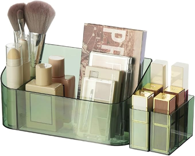 SUNFICON Makeup Tray Holder Organizer Cosmetic Display Case Tabletop Desktop Vanity Countertop Bathroom Wall Cabinet Medicine Storage Box 9 Dividers 2 Removable for Womens Ladies Girls Crystal Green