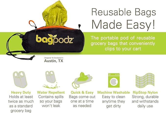 Sturdy Reusable Grocery Bags, Foldable and Washable - Made from Ripstop Nylon, Holds 50lbs - Designed in USA - Reusable Shopping Bags Inside a Compact Pod with Carry Clip - 5 Pack in Green