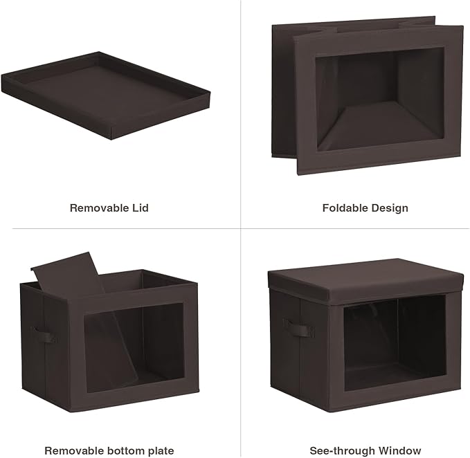 Stackable Storage Bins with Lids - Large Storage Box with Lids, Foldable Closet Boxes for Organizing, Wardrobe Clothes Organizer with Window, Cubes Bins for Living Room, 6 Pack, Brown
