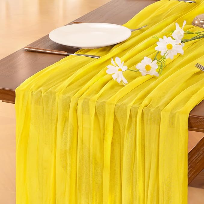 Socomi 3pcs Yellow Summer Cheesecloth Table Runner Boho Rustic Gauze 120 inch 10FT Cheese Cloth Sheer Runner for Wedding Party Baby Shower Birthday Home Decor