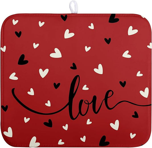 Valentine Dish Drying Mat for Kitchen Counter Valentines Day Red Black Love Heart Holiday Drying Mats Absorbent Microfiber Dish Draining Mat Medium Dish Rack Pad 16x18 Inch