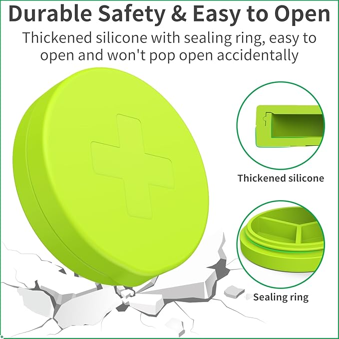 2 Pack Small Pill Box,3 Compartment Round Silicone Travel Pill Box for Purse Pocket, Waterproof Portable Compact Medicine Holder for Vitamin, Cod Liver Oil, Supplement(Green+Teal)