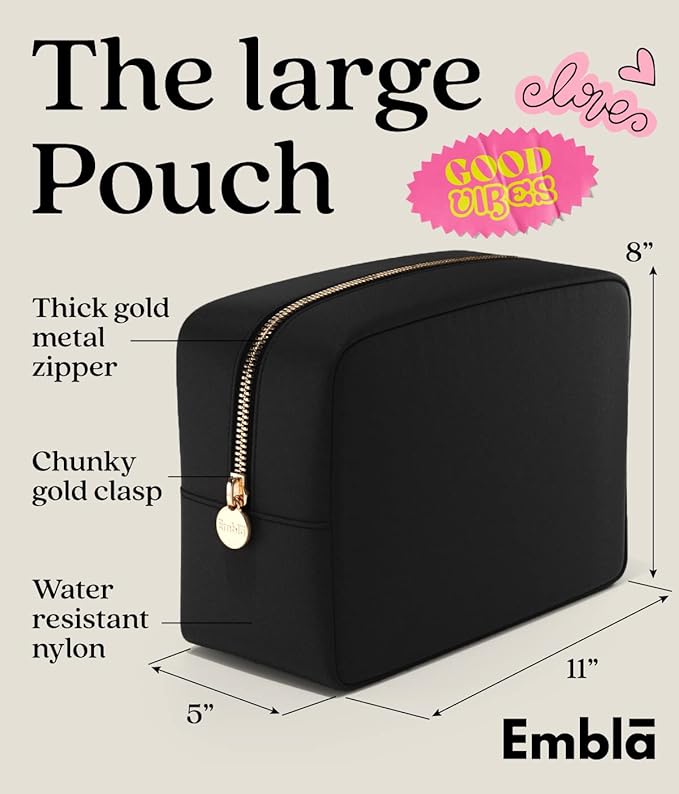 Embla Makeup Bag Travel Cosmetics Pouch and Toiletry Bag, Nylon Zipper Pouch Purse, Cute Make Up Organizer Storage Tote for Women Girls, Waterproof Travel Skincare Case, Large Makeup Bags, Black