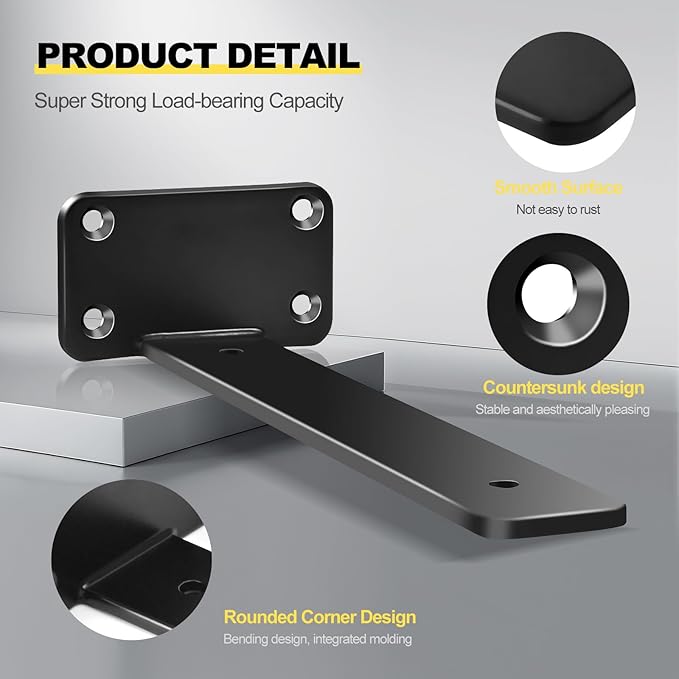 4 Pack - 10 inch Black Hidden L Shelf Bracket (1/5 Inch Thicked) Iron Floating Shelf Brackets Rustic Industrial Metal Brackets for Shelf Support