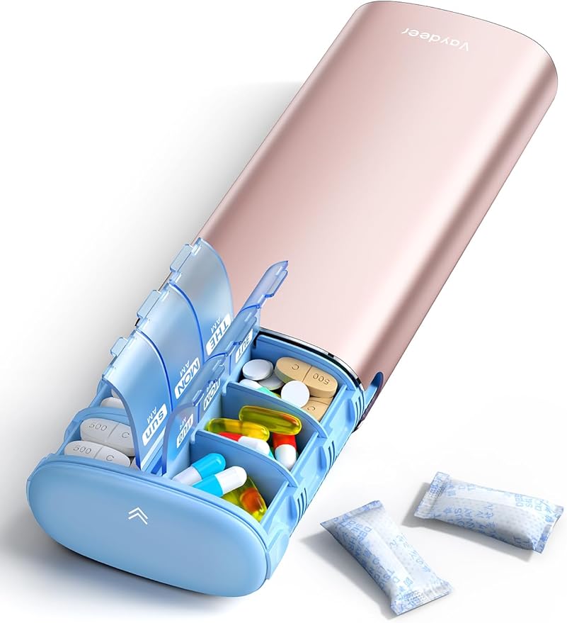 Vaydeer Metal 7 Day Pill Organizer 2 Times a Day – AM PM Weekly Travel Pill Case with Moisture-Proof Desiccant, Airtight Large Capacity Pill Box for Vitamins, Medications & Supplements (Rose Gold)