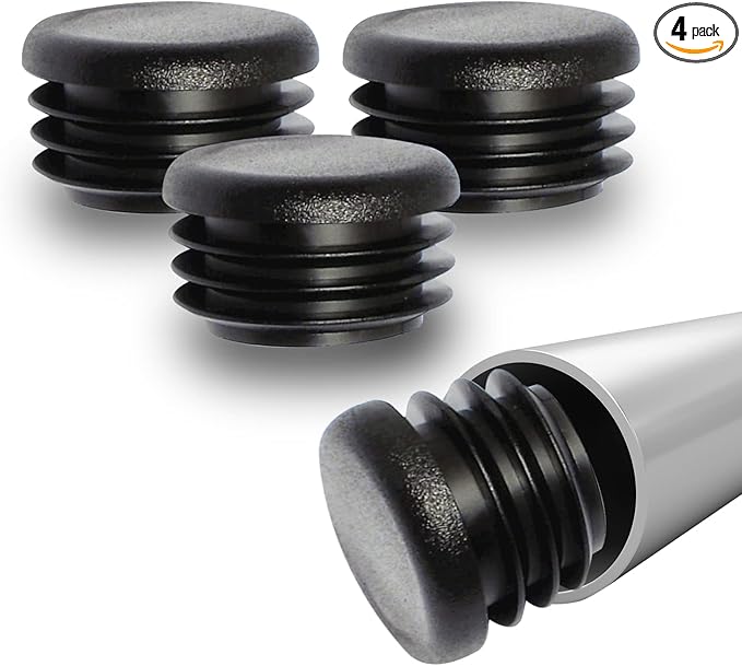 Prescott Plastics 1" (25.4mm) Outer Diameter Ribbed Plastic Hole Plugs, Round Black Metal Tubing End Caps, StrongFurniture Leg Inserts, Impact & Weather Resistant, Made in The USA - 4 Pack