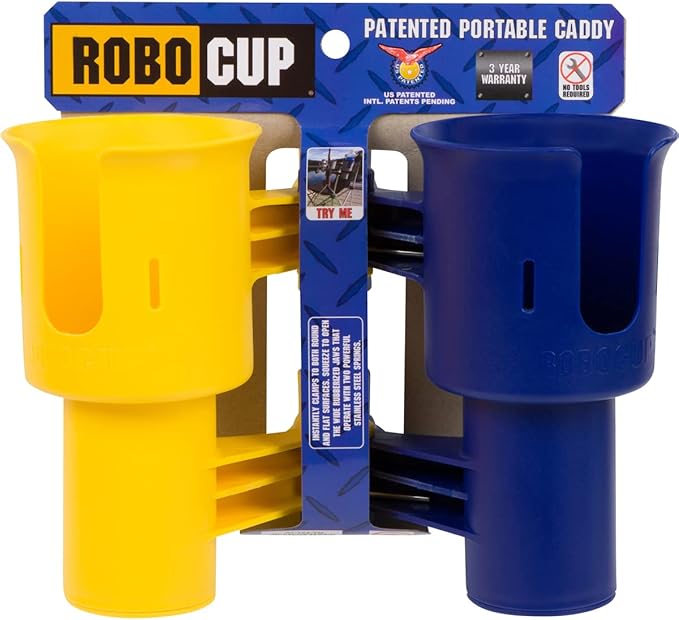 ROBOCUP, (Yellow & Navy), Patented Clamp On Boat Cup Holder |Multifunction Dual Drink Caddy for Fishing Poles, Tools, Net, Gaff |Portable Storage for Boating, Beach, Umbrellas, Golf Carts, Strollers