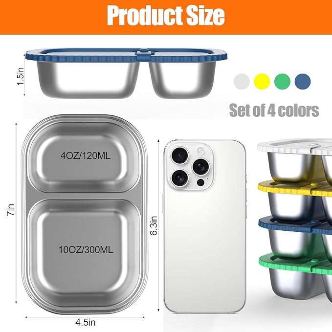 Stainless Steel Snack Containers with Silicone Lids, 4 Pack Reusable 2-Compartment Food Storage Containers, Snackle Box Container, Leak-Proof Metal Bento Lunch Box for School, Travel, Home
