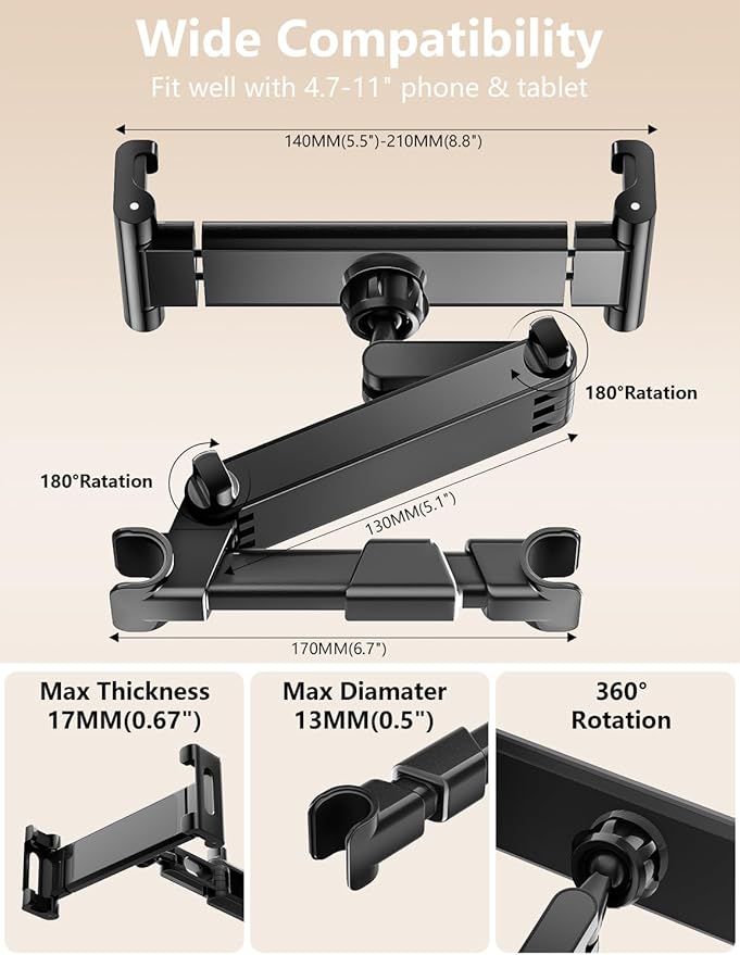 Tablet Holder for Car Headrest, ipad Car Holder Back Seat [3 in 1 Extension Arm], 360° Rotating Adjustable Road Trip Essentials for 4.7-11" iPad Pro, Air, Mini, Galaxy, Fire