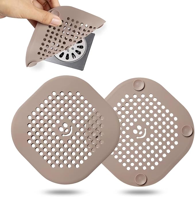 2 Pack Drain Hair Catcher Silicone Shower Drain Protector Sink Drain Strainer Hair Stopper for Shower Kitchen Bathroom Tub Brown 5.5 x 5.5 x 0.04 inches