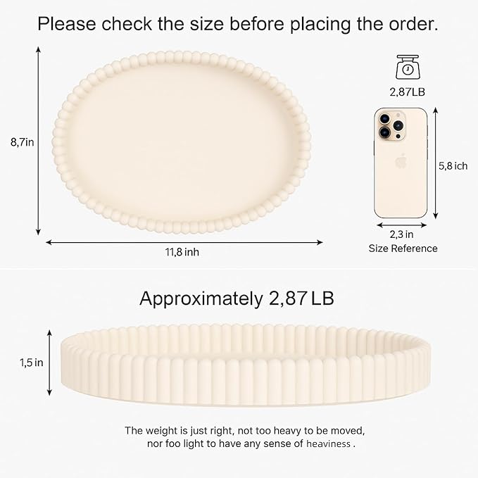 11.8in Decorative Tray for Coffee Table Decor- Beige Oval Concrete Tray for Home Decor- Scalloped Flat Modern Centerpieces Tray Decor for Living Room, Kitchen Dining Table, Entryway (Beige)