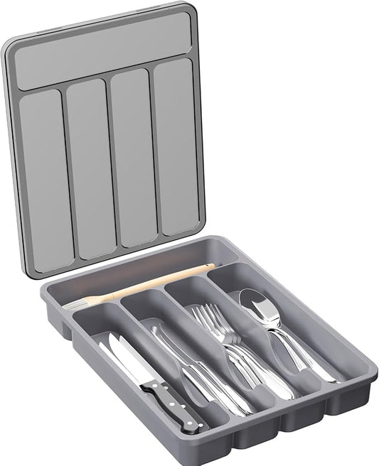 Lifewit Silverware Organizer with Lid, Covered Utensil Tray for Kitchen Drawer and Countertop, Plastic Cutlery and Flatware Storage Box for Spoons Forks Knives Holder Case, 5 Compartments, Gray