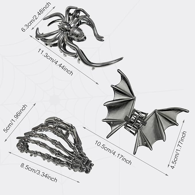 3 Pieces Large Metal Spider Net Bat Hand Hair Claw Clips for Women and Girls Thick Long Hair, Nonslip Skeleton Spooky Barrette Headband Hair Styling Accessories for Halloween Christmas Gifts