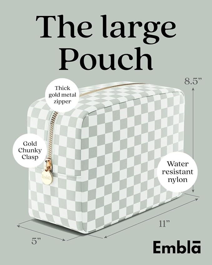 Embla Makeup Bag Travel Cosmetics Pouch and Toiletry Bag, Nylon Zipper Pouch Purse, Cute Make Up Organizer Storage Tote for Women Girls, Travel Skincare Case, Large Makeup Case, Mint Green Checkered