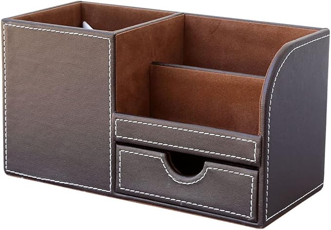 KINGFOM Desk Organizer Office Supplies Caddy Pu Leather Multi-function Storage Box Pen/Pencil,Cell phone, Business Name Cards Remote Control Holder with Small Drawer Brown