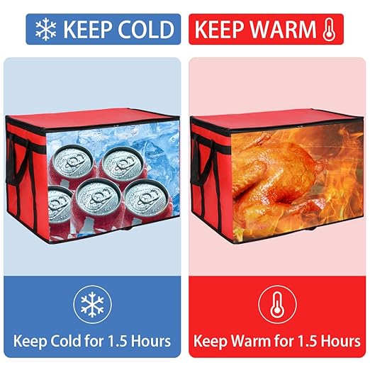 Insulated Food Delivery Bag with Hard Bottom, XXX-Large Insulated Reusable Grocery Cooler/Hot Bags, Tote Bag for Shopping/Travel, Red, 1-Pack