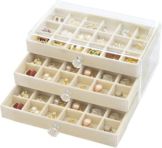 SPAKOWN Earring Box Holder Organizer Display Case, Clear Velvet Jewelry Storage Tray Organizer for Earring Ring Stud (Beige - 3 Drawers)