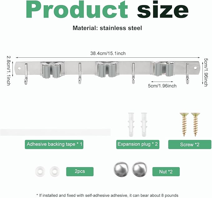 2 Pack Broom Holder Wall Mount 3 Racks 4 Hooks Stainless Steel Broom Mop Holder Anti Slip Storage Rack Strong Load Bearing Waterproof Broom and Mop Organizer Wall Hanging for Bathroom Kitchen Garage