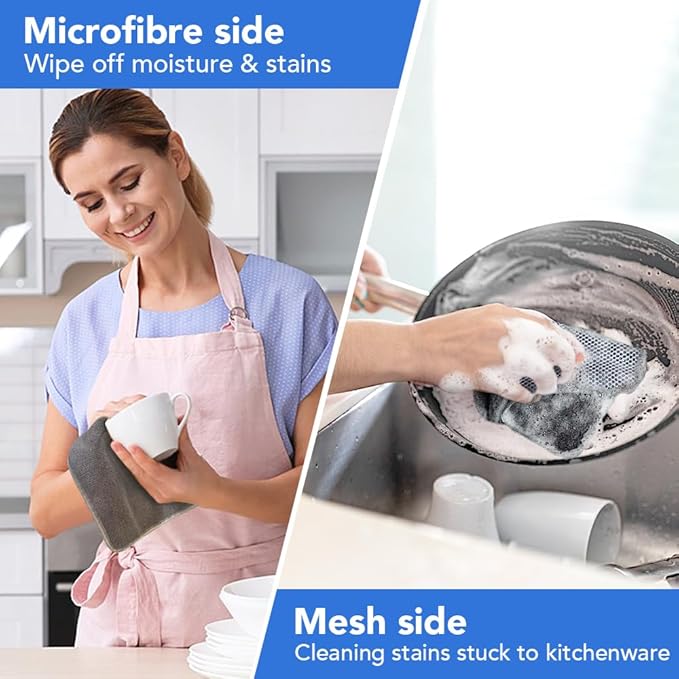 VIVOTE Microfiber Cleaning Cloths Washable Dishcloths with Polyester Mesh Scrubbing Edge Dishcloths, Kitchen Household Wipes Kitchen Dish Cloth,8pcs,7.87“ x 7.87” (Grey)